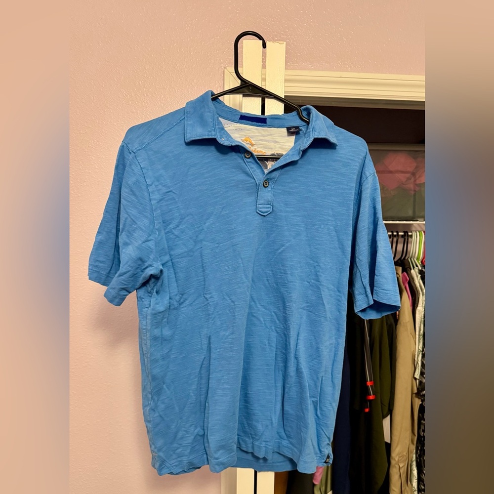 Tommy Bahama men’s small light blue short sleeve polo shirt. Gently Used